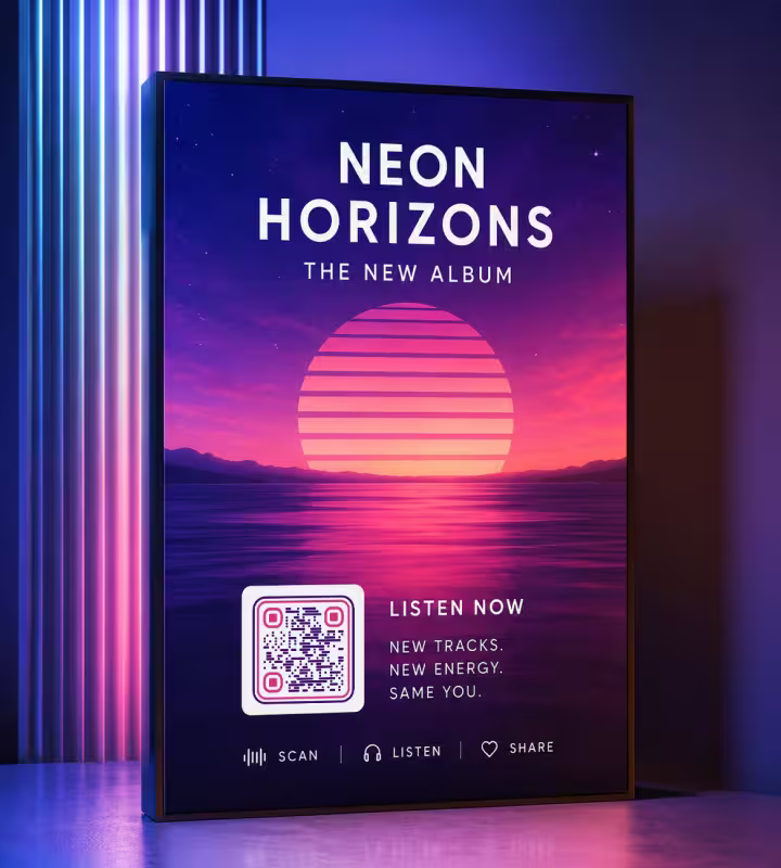 A neon “Neon Horizons - the new album, listen now” music poster with a framed QR code and a synthwave sunset
