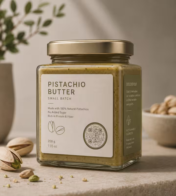 A “Pistachio Butter” jar with a circular QR code on its minimalist label, beside scattered pistachios