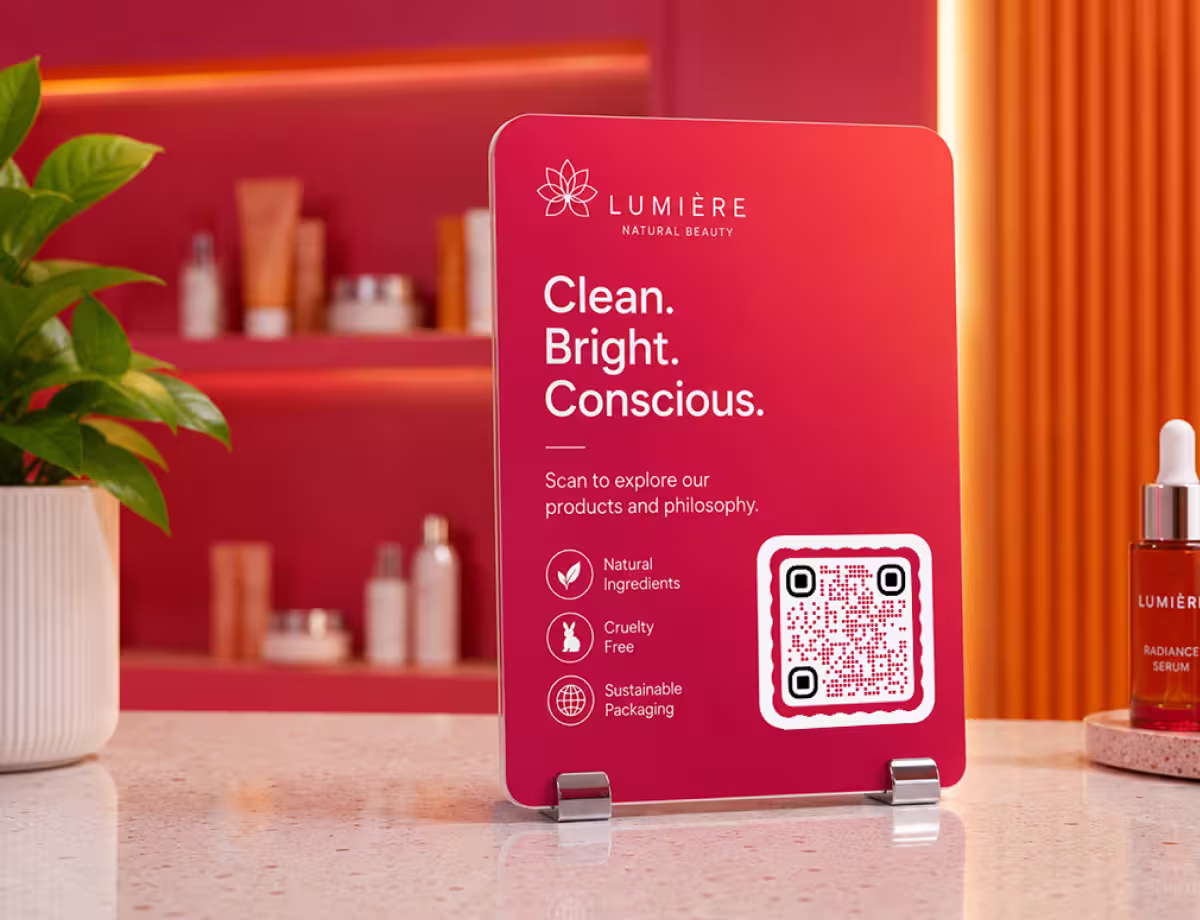 A deep-pink Lumière “Clean. Bright. Conscious. - scan to explore our products” retail counter sign with a QR code, beside a serum bottle