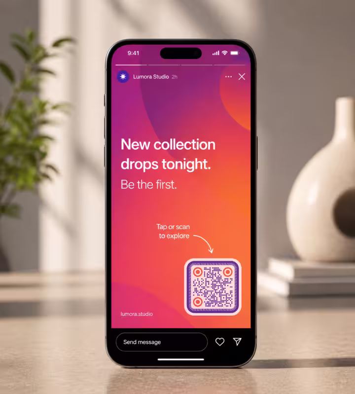 A phone showing a social story “New collection drops tonight - tap or scan to explore” with a colourful QR code