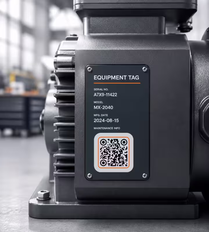 ป้ายอุปกรณ์สีดำที่มีหมายเลขซีเรียลและ QR Code ยึดสลักอยู่บนเครื่องจักรอุตสาหกรรม
