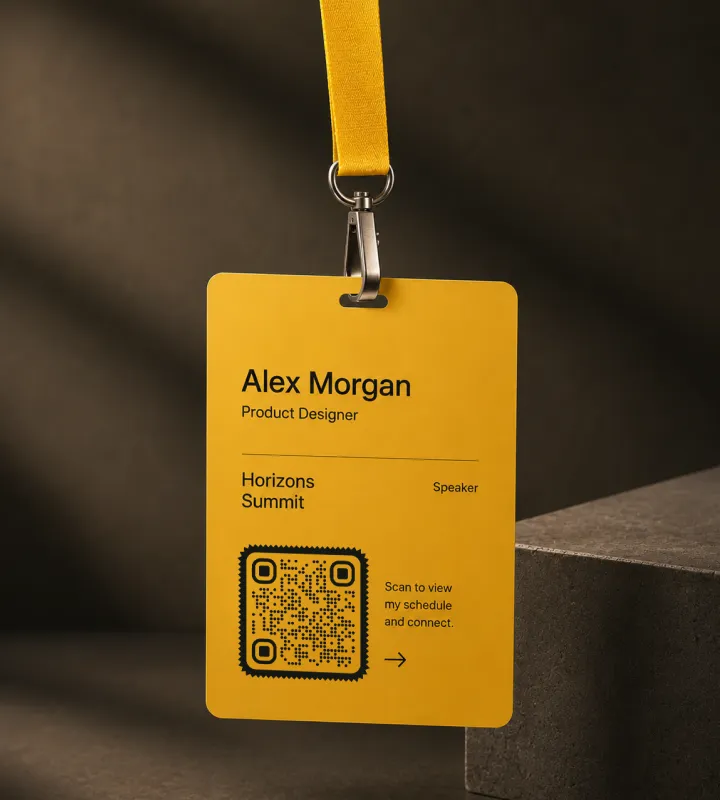บัตรประจำตัวงานสีเหลืองชื่อ "Alex Morgan" ห้อยกับสายคล้องคอ พร้อม QR Code สำหรับดูกำหนดการส่วนตัวและแลกข้อมูลติดต่อ