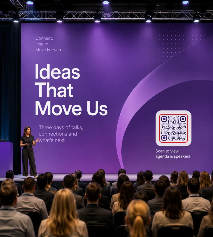 ฉากหลังเวทีสีม่วงที่มีข้อความ "Ideas That Move Us" และ QR Code มีวิทยากรบนเวทีและผู้ฟังที่นั่งอยู่