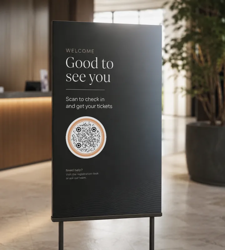ป้ายต้อนรับสีเข้มที่มีข้อความ "Good to see you" บนขาตั้งในล็อบบี้ของสถานที่จัดงาน พร้อม QR Code ทรงกลมสำหรับเช็กอินและรับบัตรเข้างาน