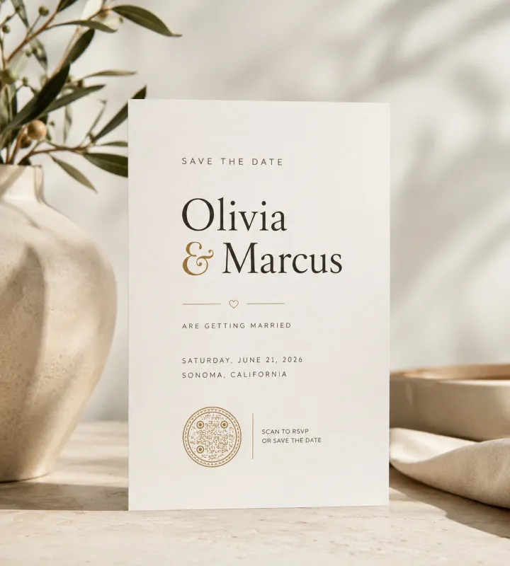 การ์ด "Save the Date" สีครีมของ Olivia & Marcus ตั้งอยู่บนถาดพร้อมกิ่งมะกอก และ QR Code ทรงกลมสำหรับตอบรับคำเชิญ
