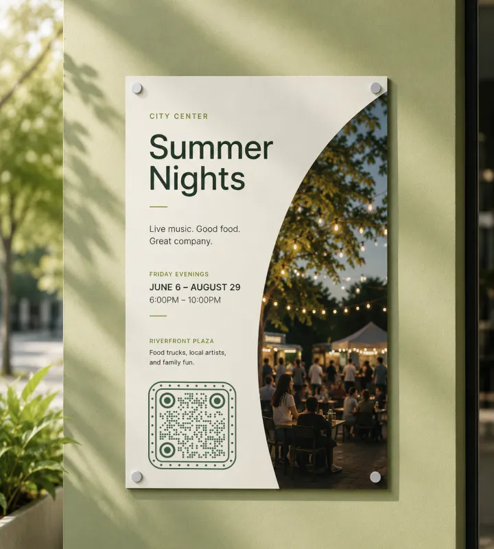 โปสเตอร์อีเวนต์ "Summer Nights" สีเขียวบนผนัง แสดงภาพผู้คนยามค่ำใต้ไฟสาย พร้อม QR Code