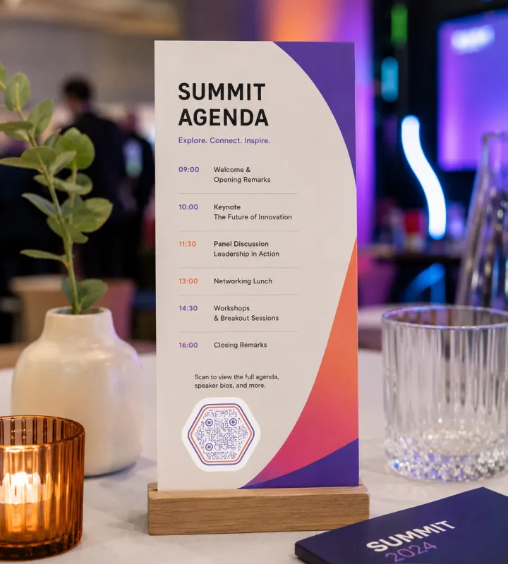 สูจิบัตรแบบป้ายตั้งโต๊ะ "Summit Agenda" บนขาตั้งไม้ข้างเทียน พร้อม QR Code สำหรับดูกำหนดการทั้งหมด
