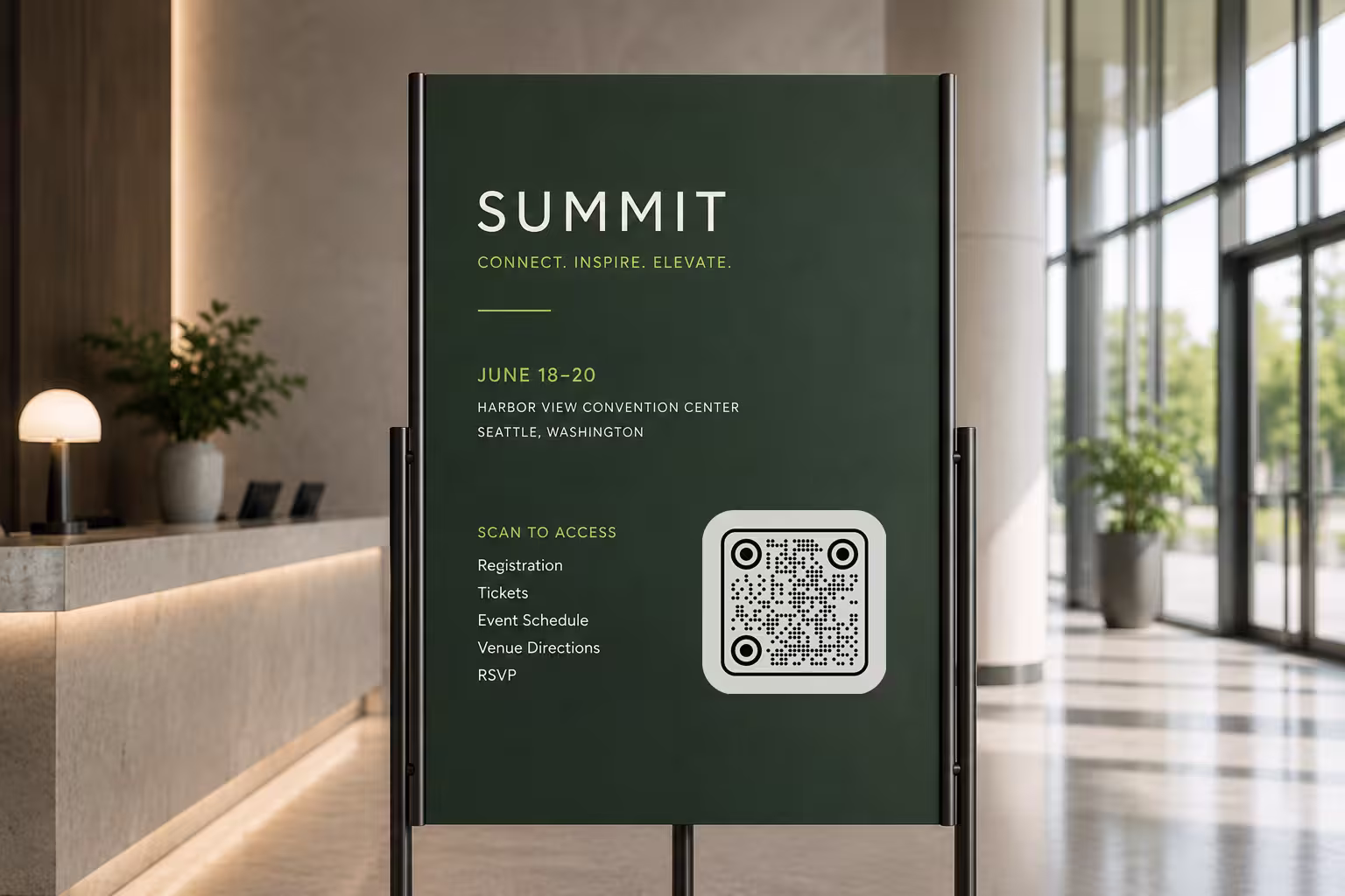 ป้ายต้อนรับงานประชุมสีเขียวบนขาตั้งในล็อบบี้ของสถานที่จัดงาน พร้อม QR Code สำหรับการลงทะเบียน บัตรเข้างาน กำหนดการ และการตอบรับคำเชิญ