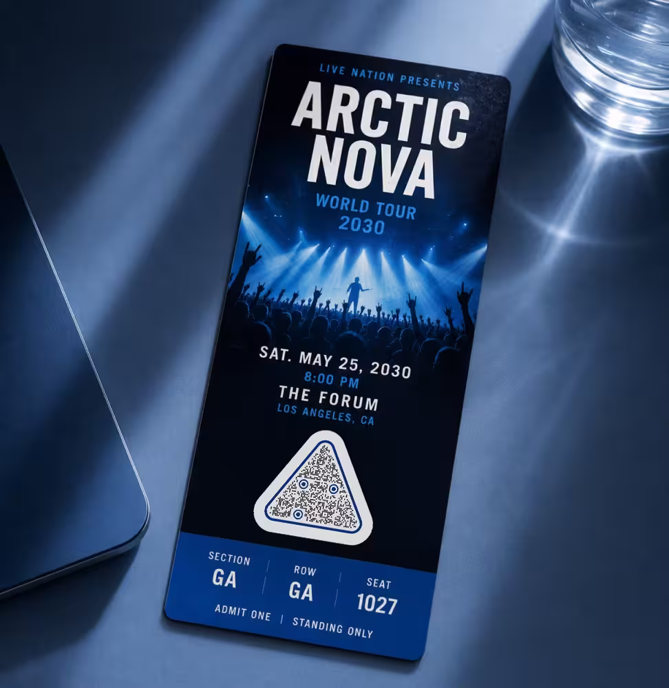 A concert ticket for the Arctic Nova world tour with a triangular QR code, lying on a blue desk