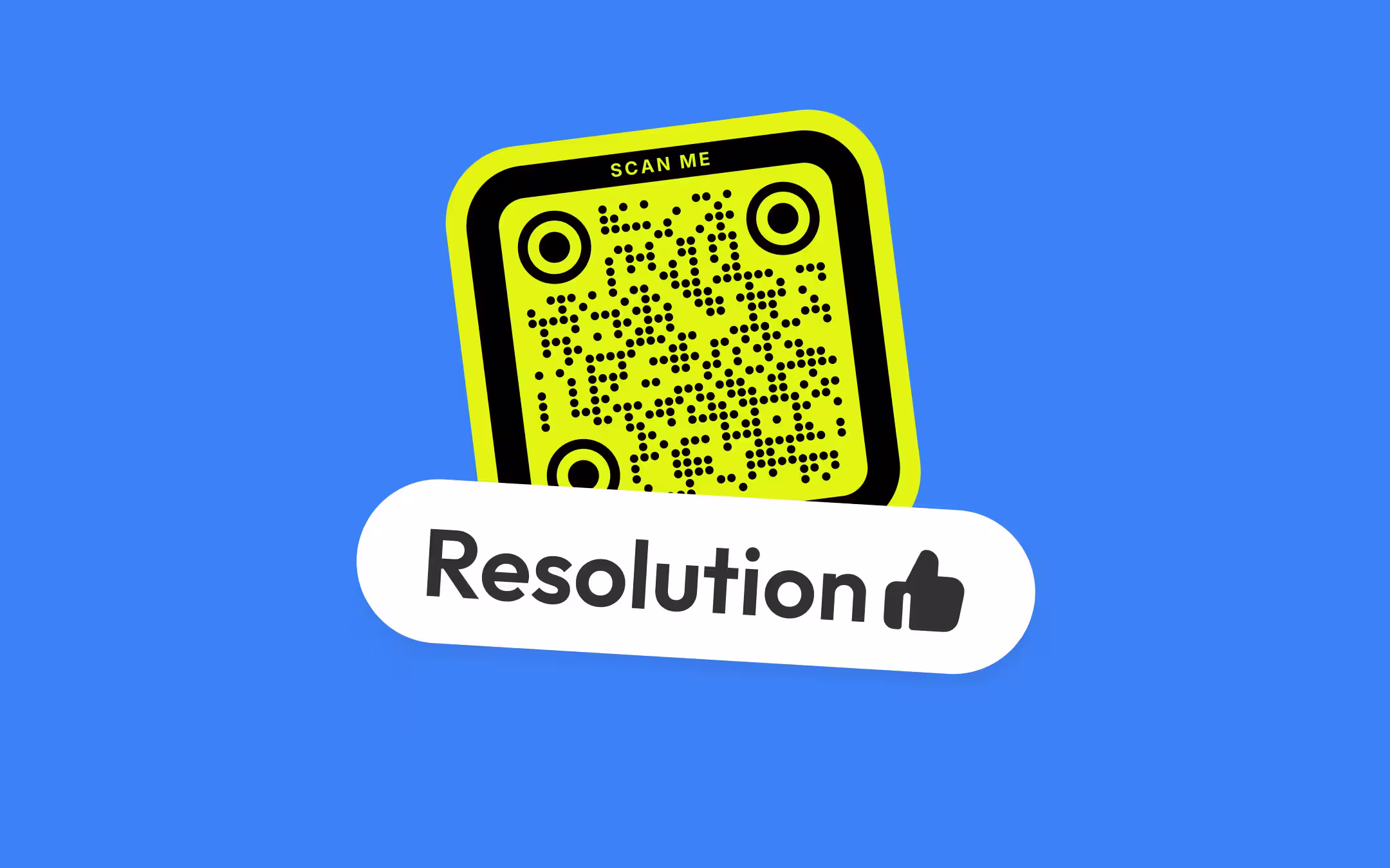 A lime-green QR code inside a black rounded frame marked "SCAN ME", with a white label below it reading "Resolution" beside a thumbs-up.