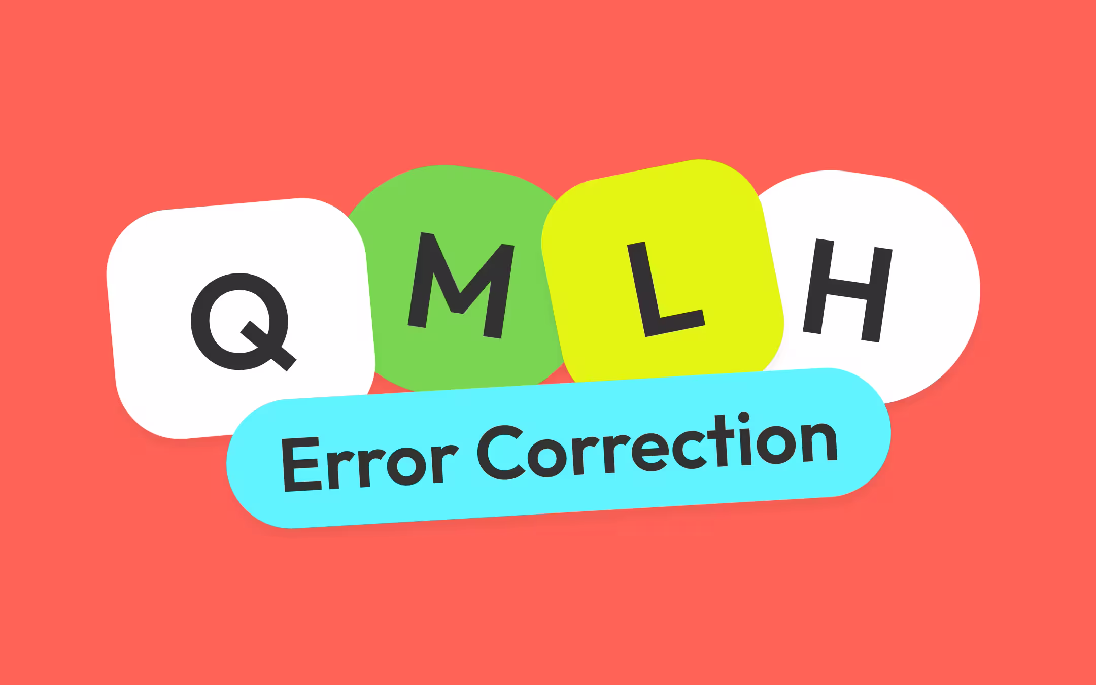 The four QR code error correction levels as large letters on rounded tiles - Q, M, L and H - above a rounded label reading "Error Correction".