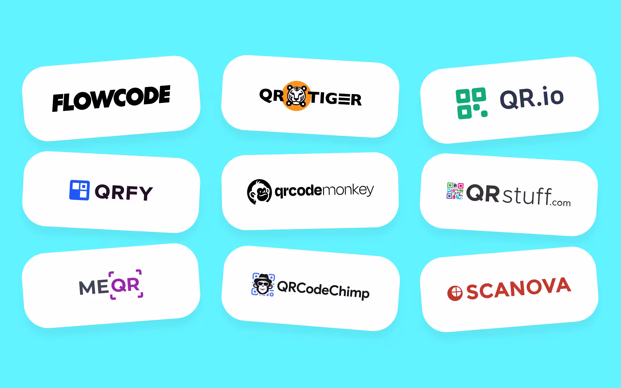 सफ़ेद कार्डों पर नौ QR कोड सेवाओं के वर्डमार्क: Flowcode, QR Tiger, qr.io, QRFY, QRCode Monkey, QRStuff, ME-QR, QRCodeChimp और Scanova।
