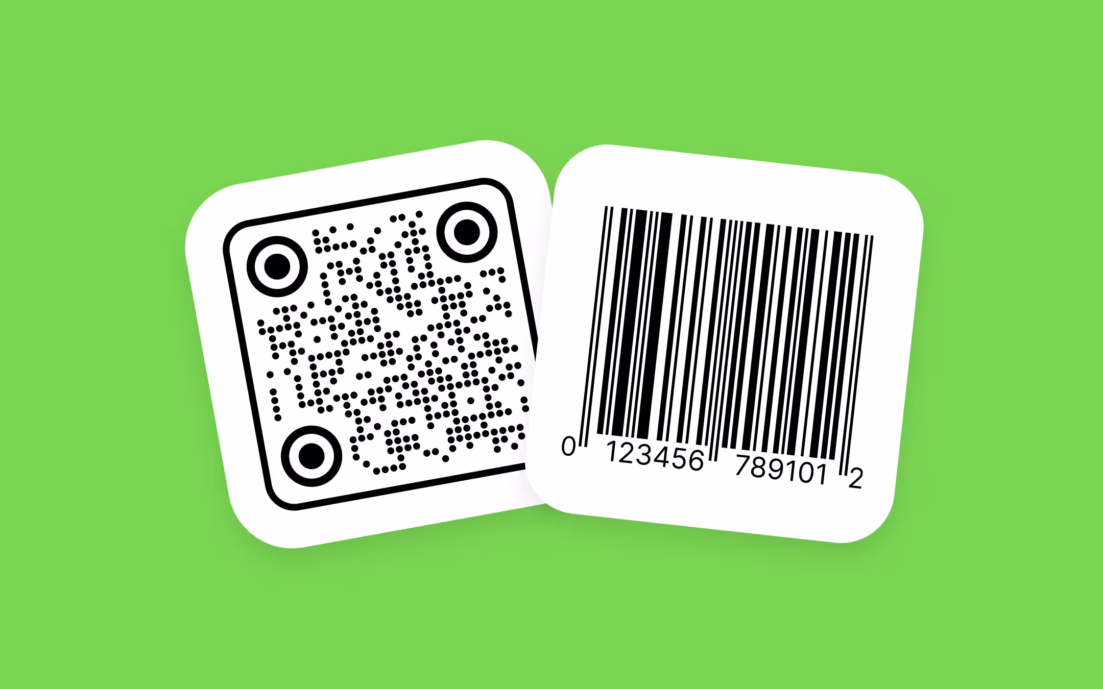 A QR code and a striped barcode side by side on two white cards, the barcode carrying the digits 0 123456 789101 2.
