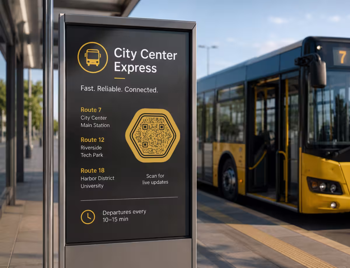 ป้ายรถประจำทางสีเข้ม "City Center Express - สแกนเพื่อดูข้อมูลเรียลไทม์" พร้อมข้อมูลเส้นทางและ QR Code หกเหลี่ยม ข้าง ๆ มีรถบัสสีเหลือง