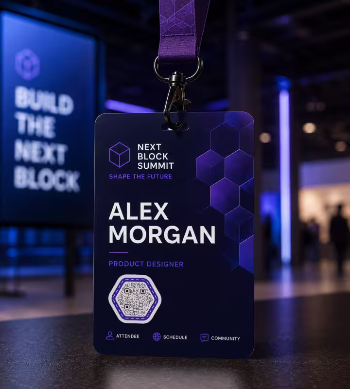บัตรคล้องคอสีม่วง "Next Block Summit" ของ Alex Morgan พร้อม QR Code หกเหลี่ยม