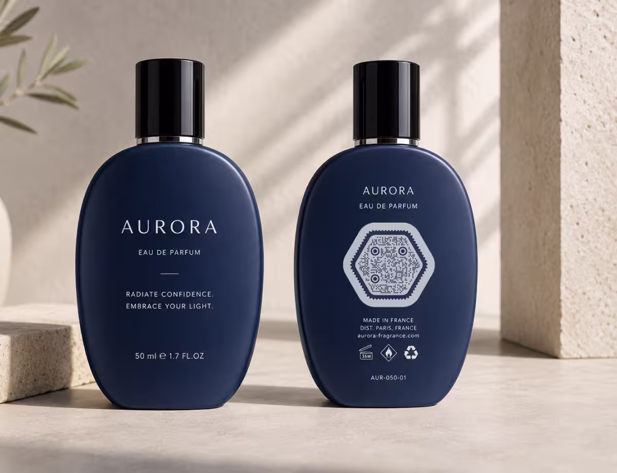 ขวดน้ำหอม Aurora eau de parfum สีน้ำเงินเข้ม 2 ขวดบนพื้นหิน ขวดหนึ่งมี QR Code หกเหลี่ยมบนฉลาก