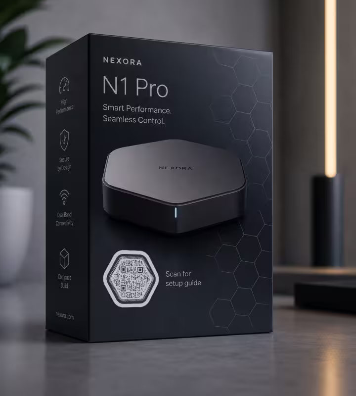 กล่องเครื่องใช้ไฟฟ้าสีเข้ม NEXORA "N1 Pro" ที่มีลายหกเหลี่ยมและ QR Code หกเหลี่ยมสำหรับคู่มือการติดตั้ง