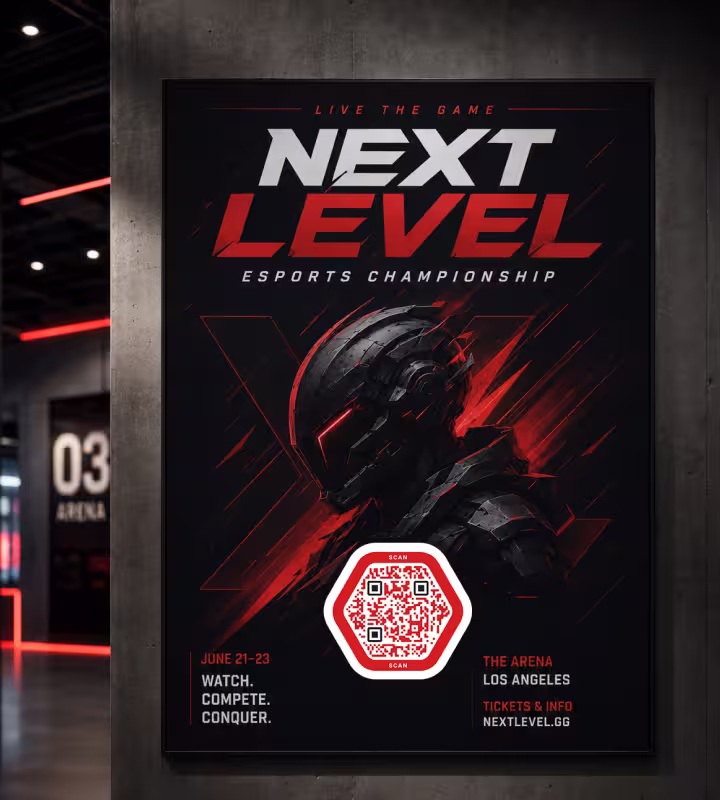 โปสเตอร์สีแดงเข้ม "Next Level Esports Championship" ที่มีตัวละครสวมเกราะและ QR Code หกเหลี่ยม