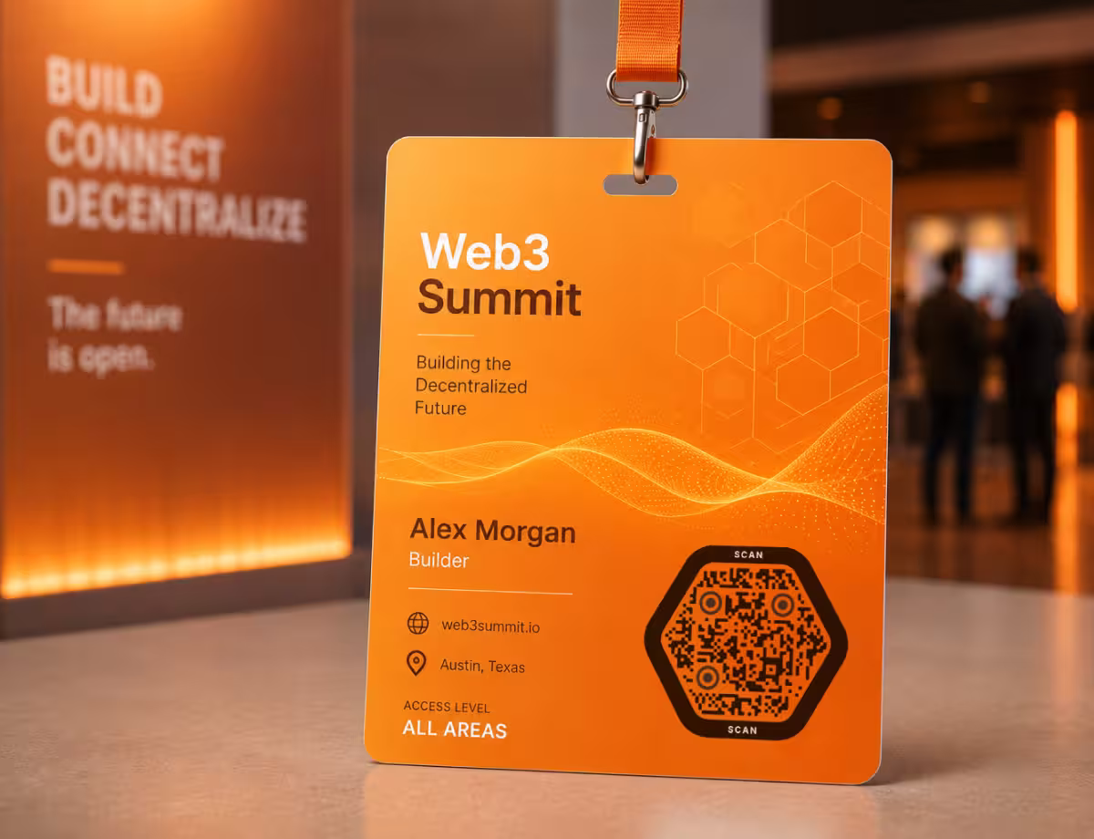 บัตรคล้องคอสีส้ม "Web3 Summit" ของ Alex Morgan พร้อม QR Code หกเหลี่ยม