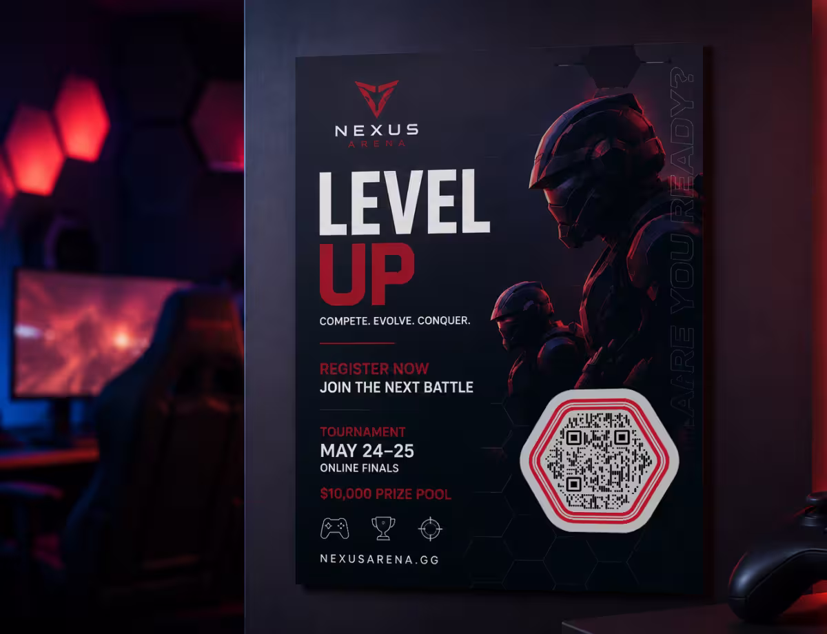 โปสเตอร์เกมสีเข้ม "Nexus - Level Up" พร้อม QR Code หกเหลี่ยมสีแดงสำหรับเข้าร่วมทัวร์นาเมนต์