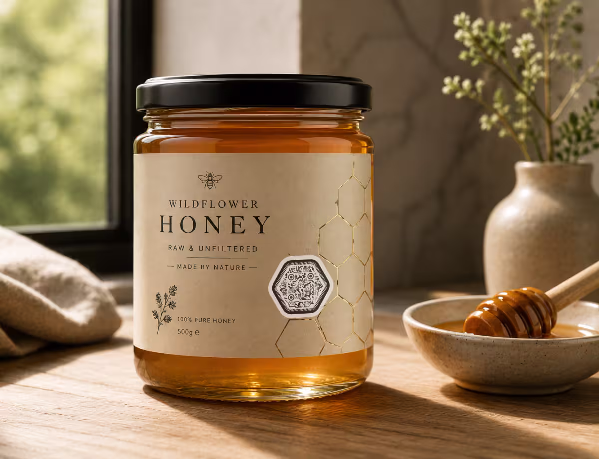 โหลน้ำผึ้ง "Wildflower Honey" ที่มีฉลากกระดาษคราฟท์ ลายรังผึ้ง และ QR Code หกเหลี่ยม ข้าง ๆ มีไม้จิ้มน้ำผึ้ง