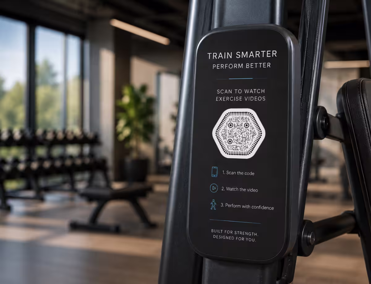 แผงข้อมูลสีดำ "Train Smarter - สแกนเพื่อดูวิดีโอออกกำลังกาย" บนอุปกรณ์ฟิตเนส พร้อม QR Code หกเหลี่ยม
