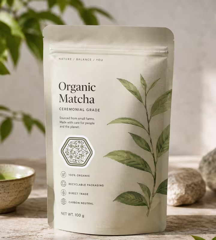 ถุงกระดาษคราฟท์ "Organic Matcha" พร้อมภาพประกอบใบชามัทฉะและ QR Code หกเหลี่ยม