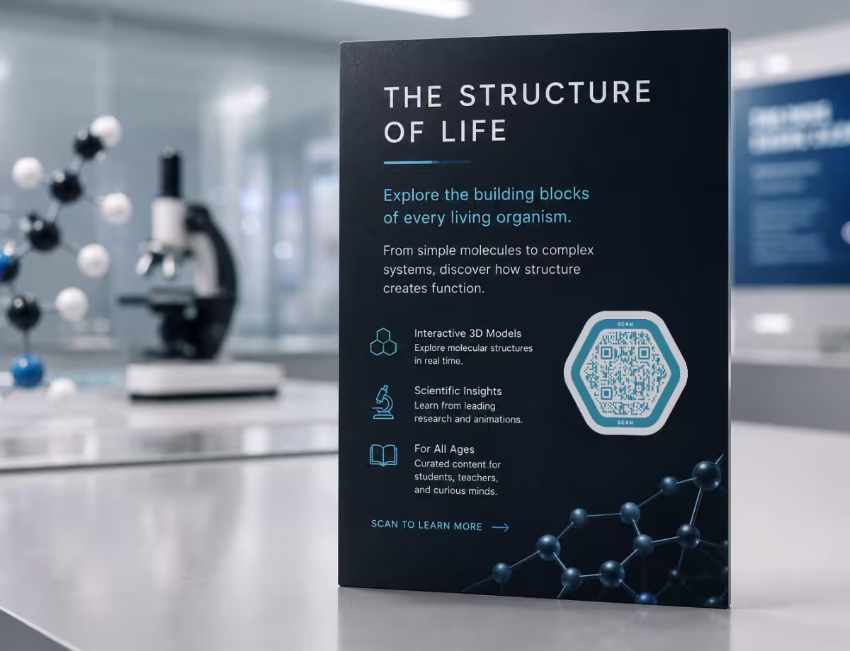โปสเตอร์วิทยาศาสตร์สีเข้ม "The Structure of Life" พร้อมกราฟิกโมเลกุลและ QR Code หกเหลี่ยม