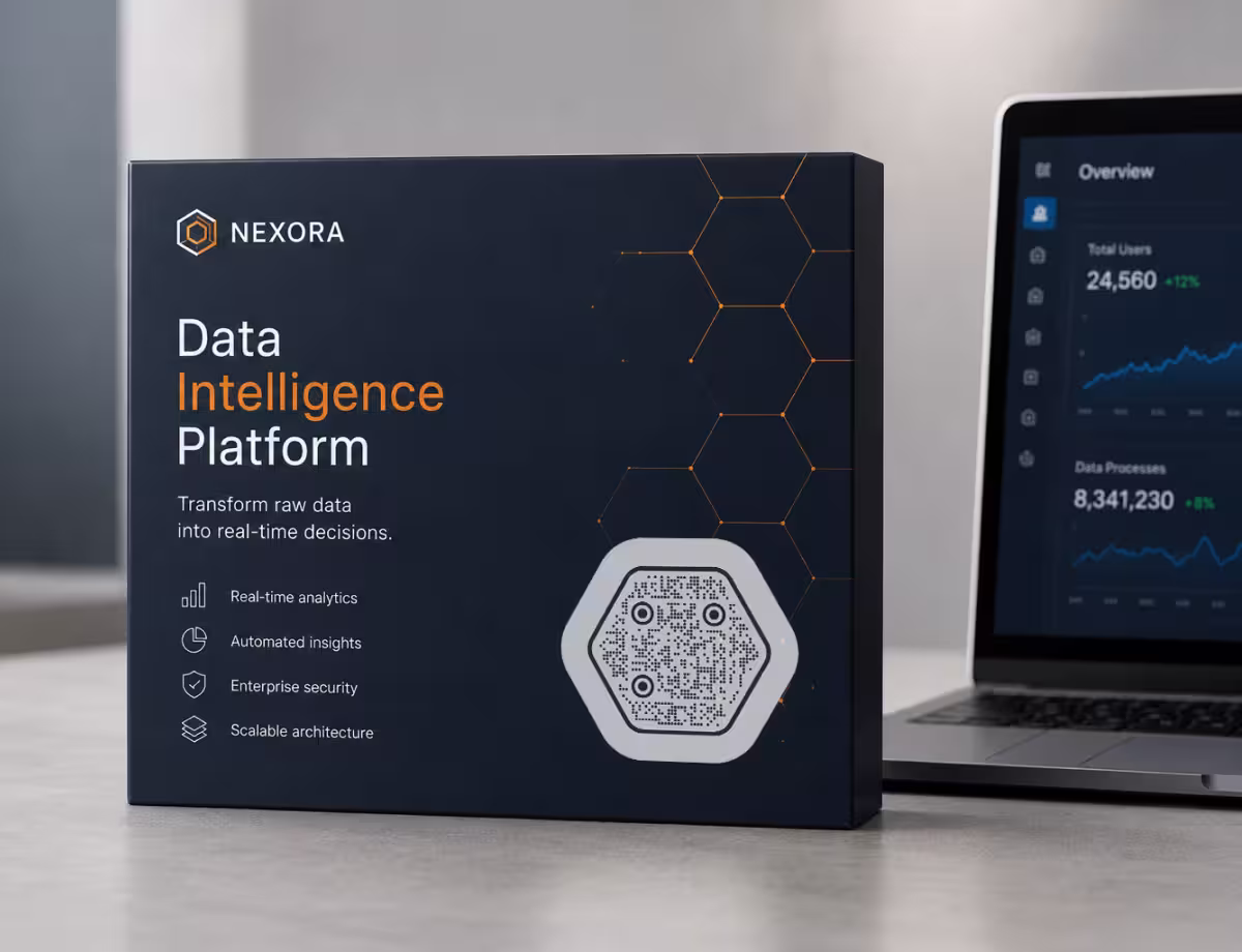 กล่องซอฟต์แวร์สีเข้ม NEXORA "Data Intelligence Platform" ที่มีลายหกเหลี่ยมและ QR Code หกเหลี่ยม ข้าง ๆ มีแล็ปท็อปแสดงแดชบอร์ด