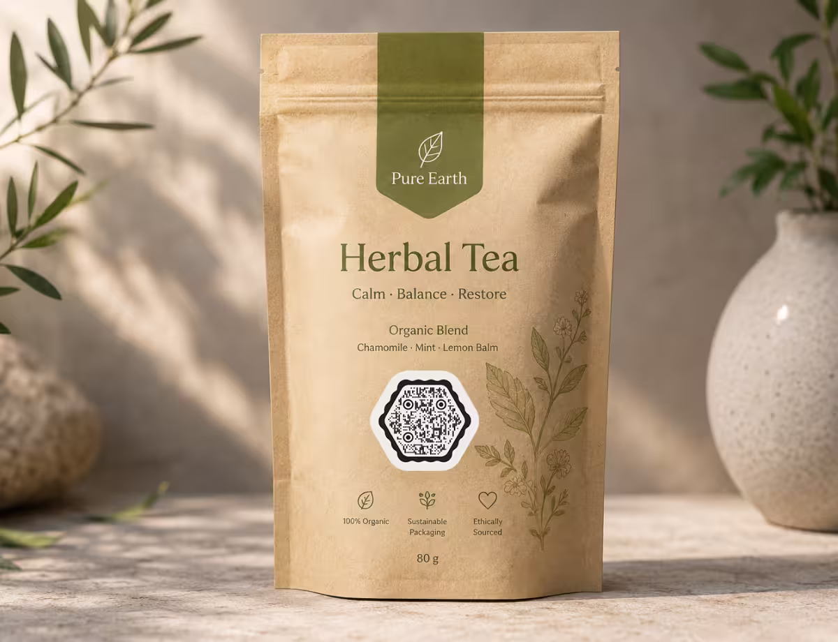 ถุงกระดาษคราฟท์ "Pure Earth Herbal Tea" พร้อม QR Code หกเหลี่ยม วางบนพื้นไม้ข้างใบมะกอก