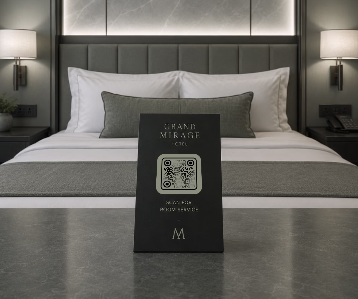 Ein Hotel-Tischaufsteller mit der Aufschrift Für Zimmerservice scannen und einem QR-Code, vor einem gemachten Bett stehend