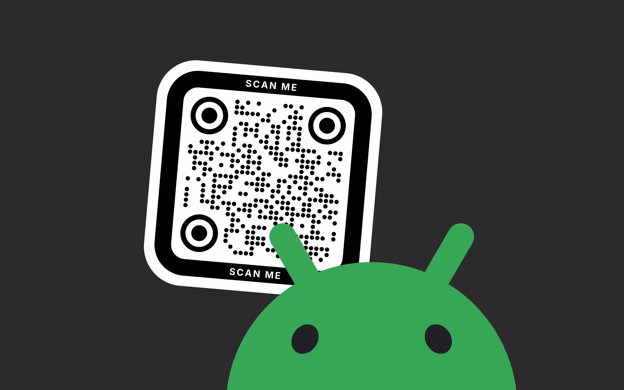 QR Code ที่มีโมดูลเป็นจุดกลมอยู่ในกรอบสีดำมุมมนที่มีคำว่า "SCAN ME" ด้านบนและด้านล่าง บนพื้นหลังสีเทาเข้ม โดยมีหัวหุ่นยนต์ Android สีเขียวซ้อนอยู่ที่มุมล่างขวา