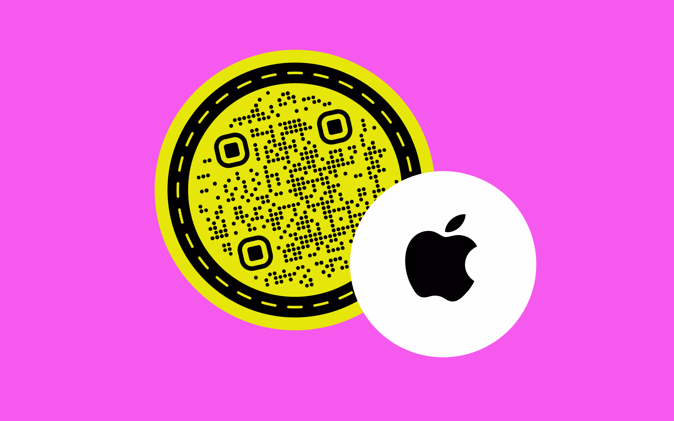 QR Code ทรงกลมสีเขียวมะนาวที่มีโมดูลเป็นจุดกลมอยู่ในวงแหวนสีดำที่มีเส้นประ บนพื้นหลังสีม่วงแดง โดยมีวงกลมสีขาวที่มีโลโก้ Apple สีดำซ้อนอยู่ที่ขอบล่างขวา