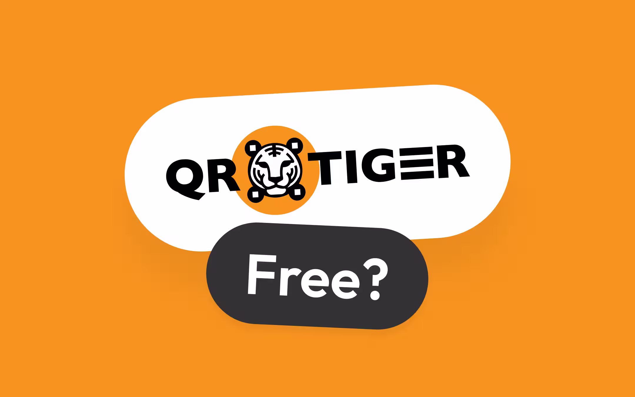 オレンジの背景に置かれた白い帯に、黒い「QR TIGER」の文字と、四角いスキャナー枠に囲まれたオレンジの円の中のトラの顔を組み合わせたQR TIGERのロゴ。その帯の下辺には「Free?」と書かれた濃いチャコール色の帯が重なっている。