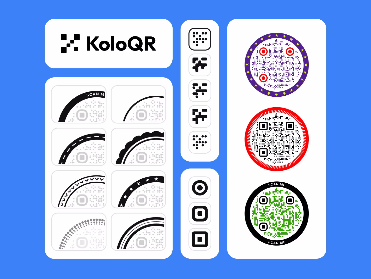 KoloQR editor showing circular QR codes in a range of colors and styles