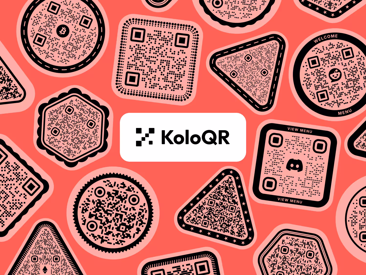 A collage of colorful KoloQR QR codes in circular, square, hexagonal, and triangular shapes