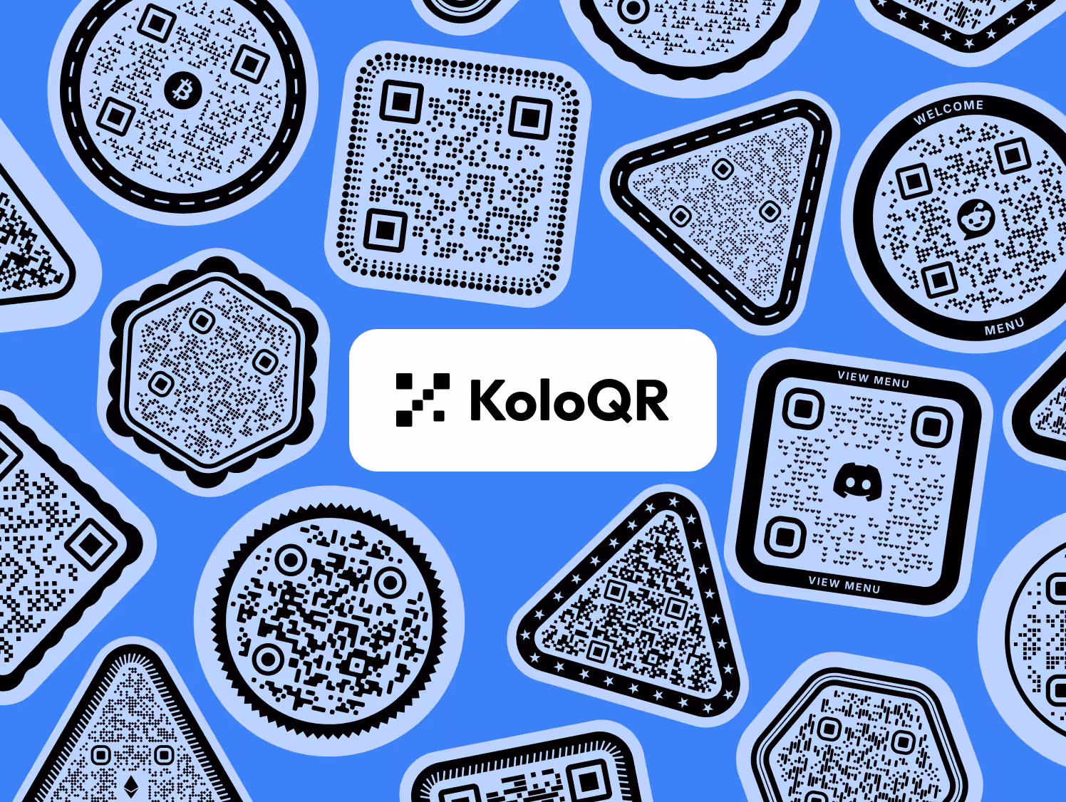 円形・四角・六角形・三角形の、カラフルなKoloQRのQRコードを並べたコラージュ