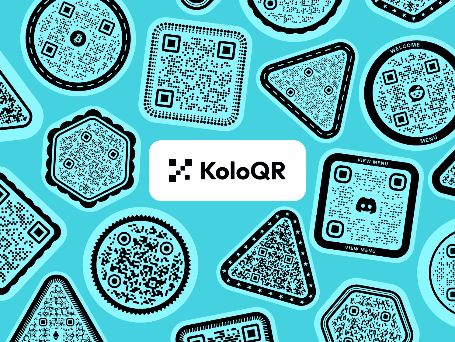 A collage of colorful KoloQR QR codes in circular, square, hexagonal, and triangular shapes