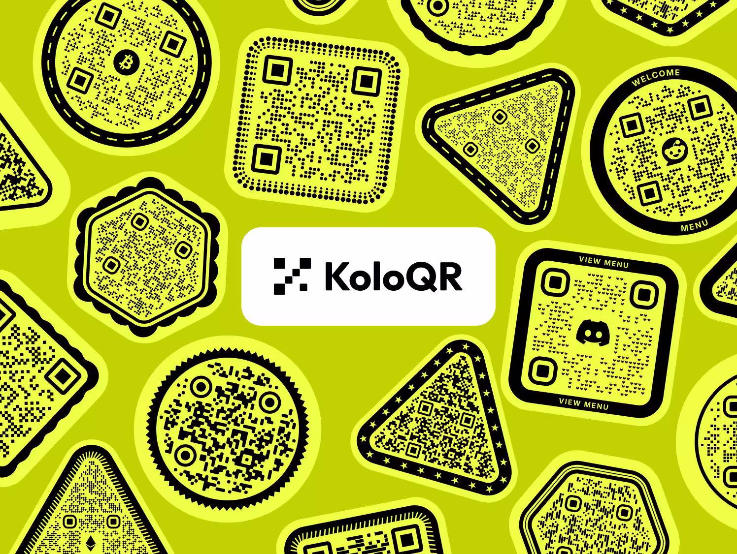 A collage of colorful KoloQR QR codes in circular, square, hexagonal, and triangular shapes
