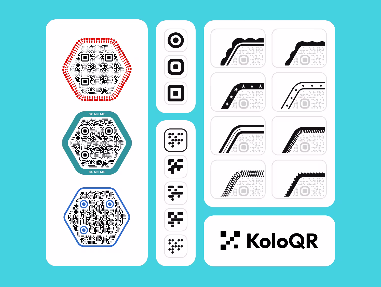 KoloQR editor showing hexagonal QR codes in a range of colors and styles