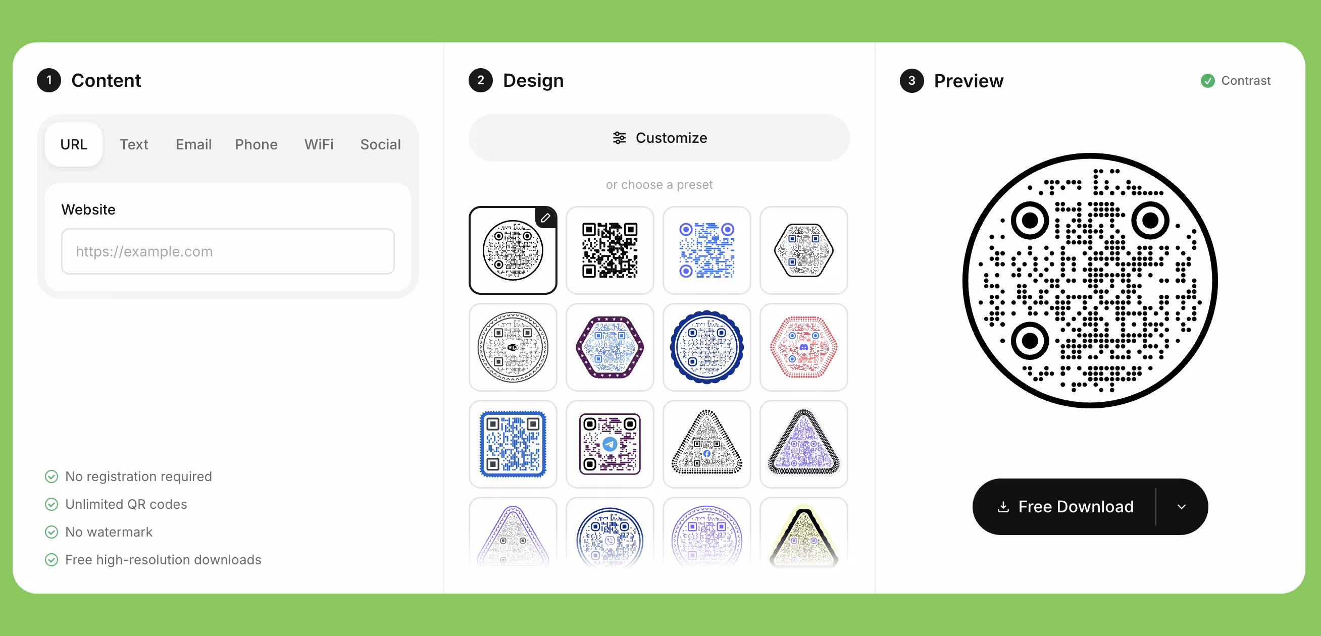 KoloQR editor with a circular QR code, brand colors and a center logo, next to shape, frame and export controls