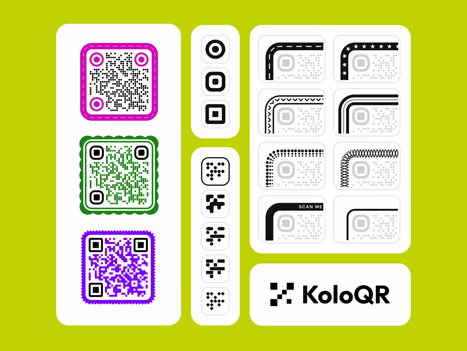KoloQR editor showing square QR codes in a range of colors and styles
