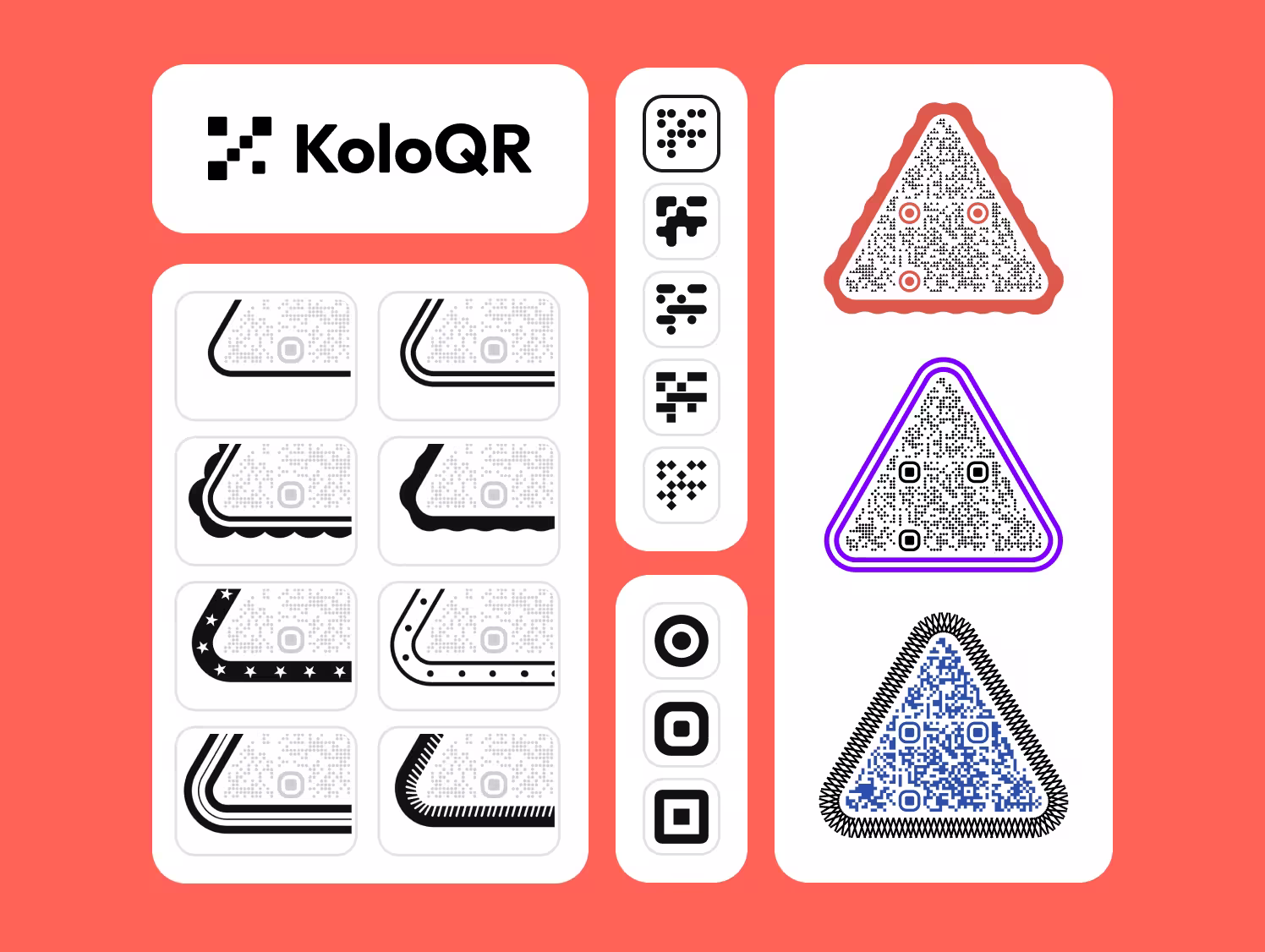 Editor di KoloQR che mostra codici QR triangolari in una gamma di colori e stili