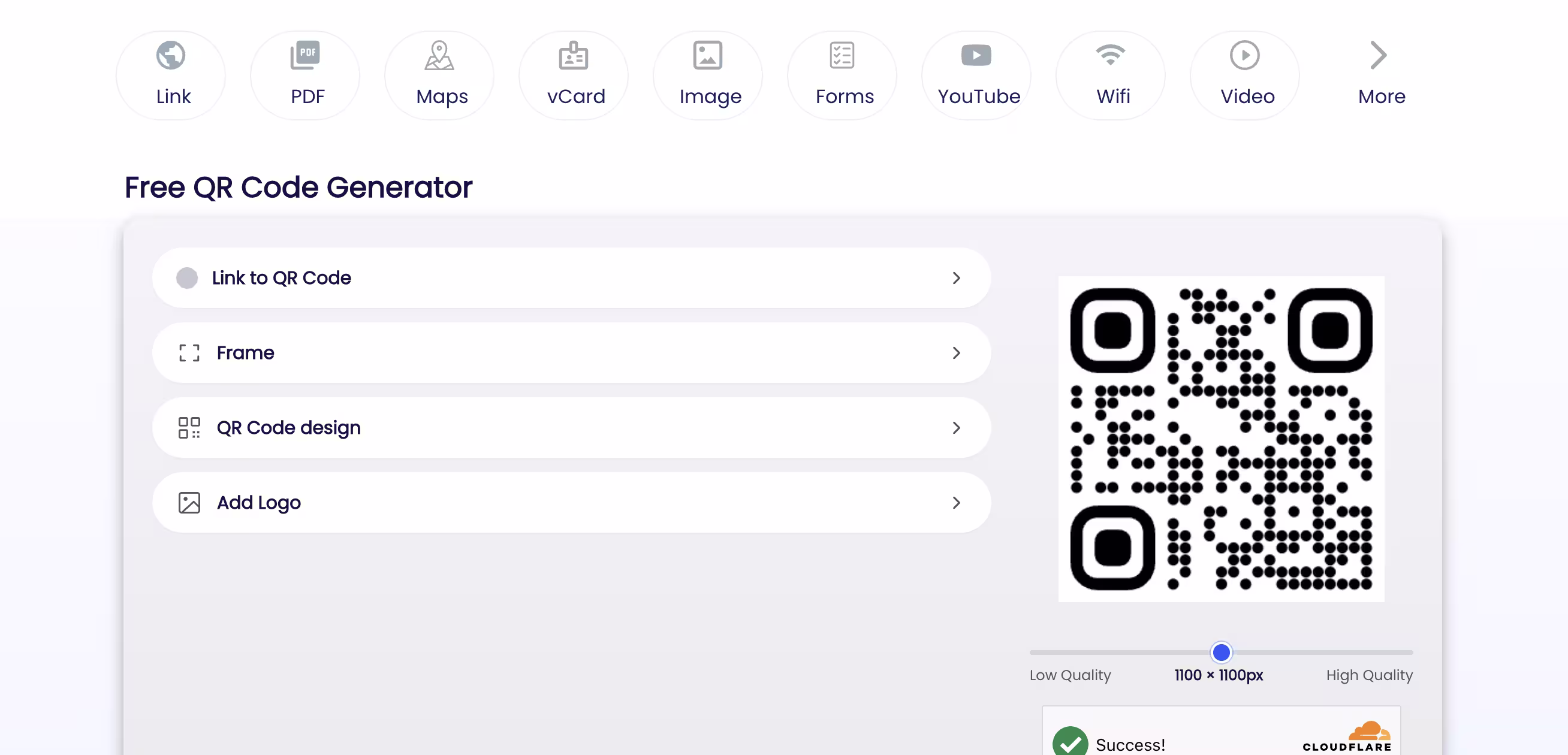 Pageloot's free generator with Link, PDF, Maps, vCard and other type tabs above collapsed frame, design and logo panels, beside a rounded-module QR code and a quality slider set to 1100 by 1100 pixels
