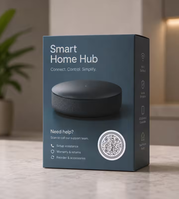 กล่องสินค้า Smart Home Hub สีน้ำเงินเข้ม มี QR Code "สแกนเพื่อโทรหาฝ่ายบริการ" อยู่ด้านหลัง วางบนเคาน์เตอร์
