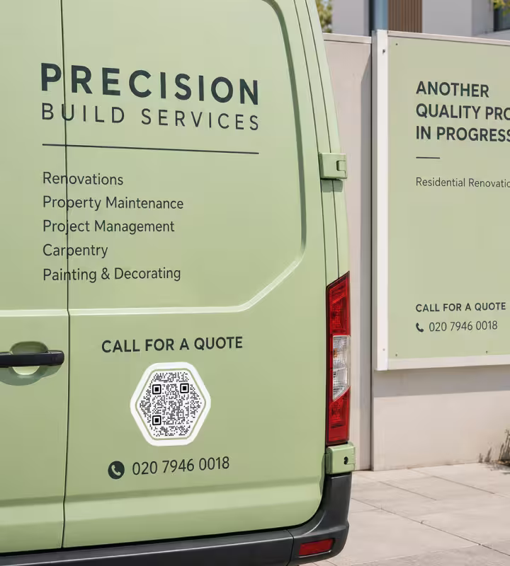 รถตู้บริการสีเขียว ข้อความ "Precision Build Services - โทรขอใบเสนอราคา" พร้อม QR Code และเบอร์โทรศัพท์บนแผงข้างรถ