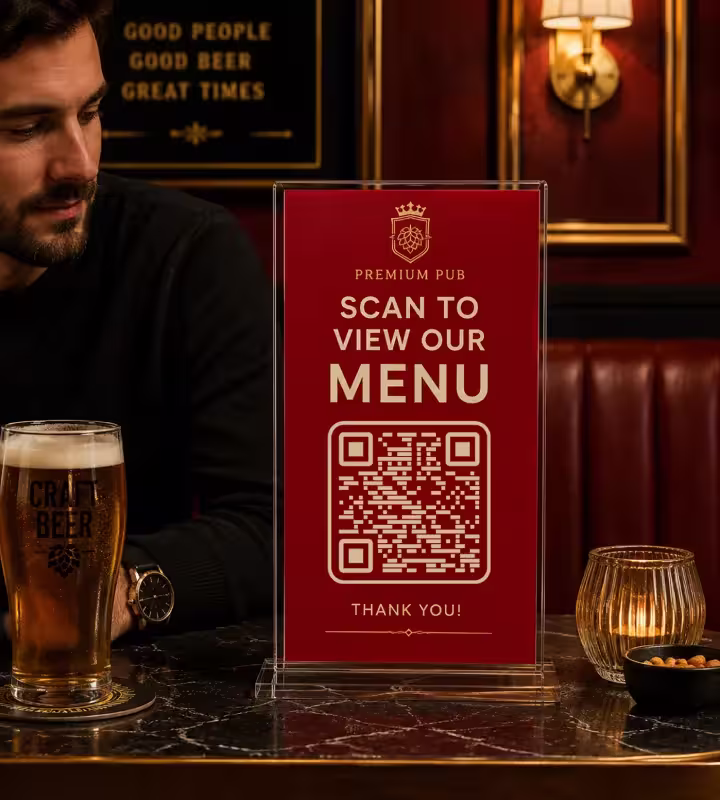 Um display de mesa em acrílico vermelho em uma mesa de pub com «Escaneie para ver o cardápio», ao lado de um copo de cerveja artesanal em um reservado de couro