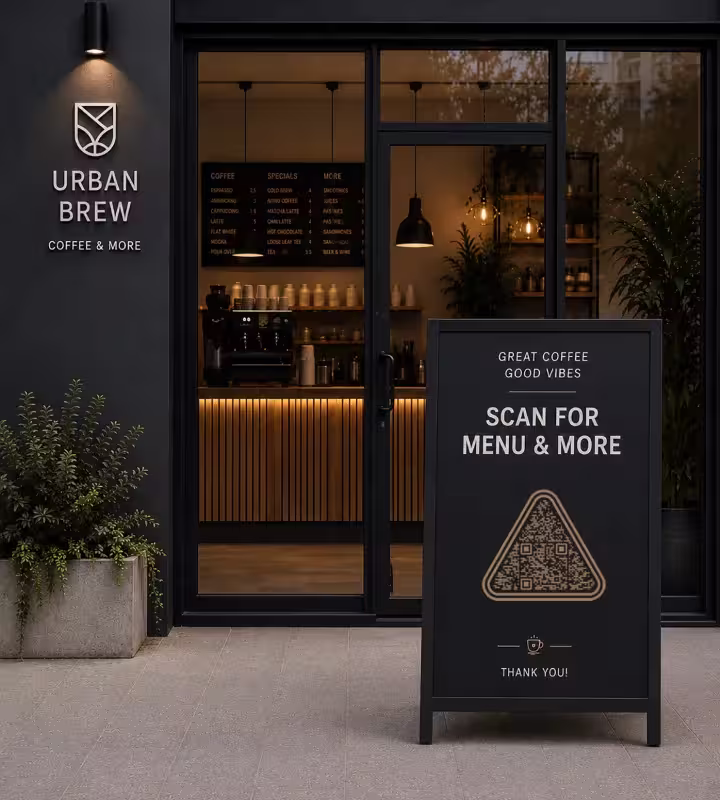 फ़ुटपाथ पर खड़ा काला A-बोर्ड, जिस पर त्रिकोण QR कोड और “Scan for menu & more” लिखा है, और पीछे गहरे रंग की दुकान में रोशन ड्रिंक बोर्ड है
