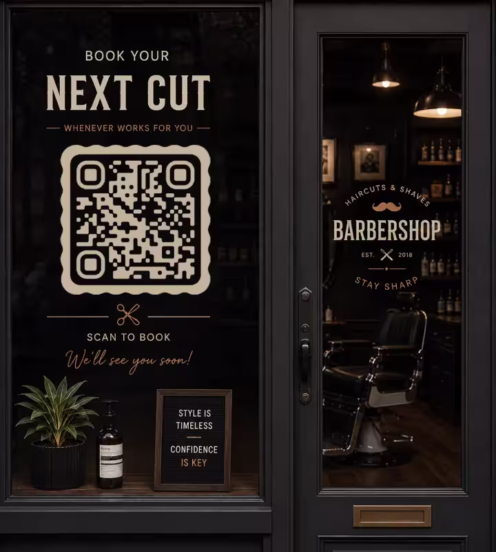 A dark barbershop window with a large scalloped QR code reading “Book your next cut - scan to book”, beside the glass door and the barber chair inside