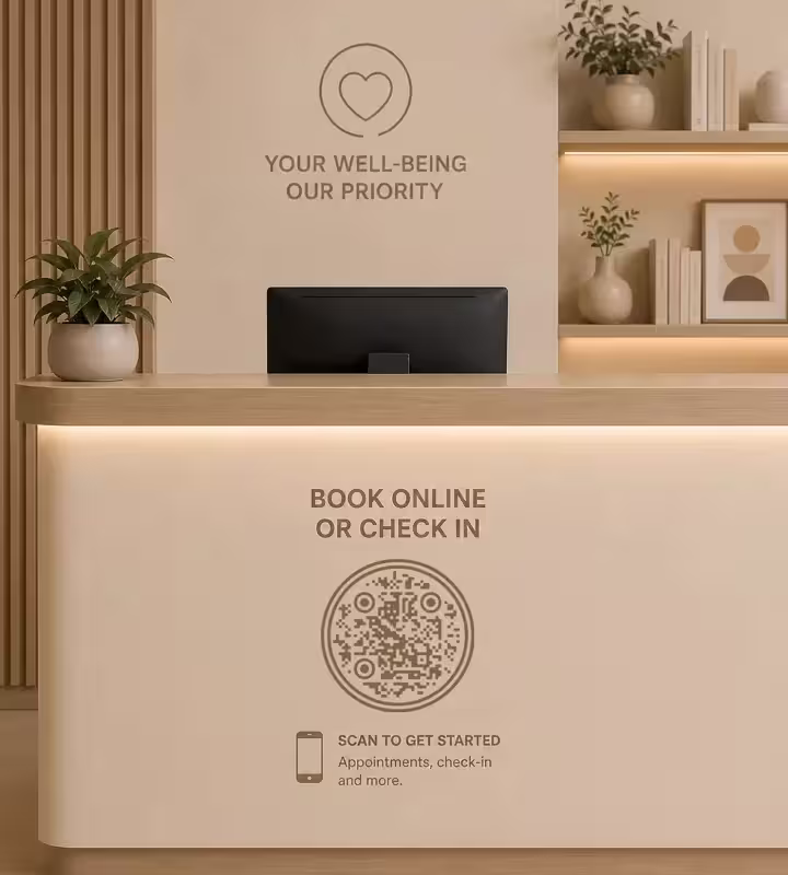 क्लीनिक के रिसेप्शन डेस्क का अगला पैनल, जिस पर “Book online or check in” और “Scan to get started” लिखा गोल QR कोड छपा है, ऊपर दीवार पर “Your well-being our priority”